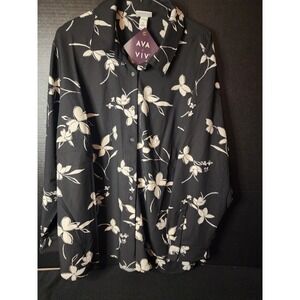 Ava & Viv Women's SZ 4X Black LS Collared Button-Down Blouse W/White Flowers NWT